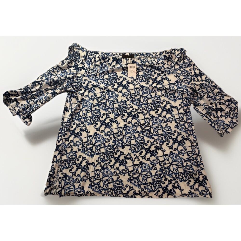 Chico's Etched Scrolls Knit Off Shoulder Top White Blue 3/4 Sleeve Size 3